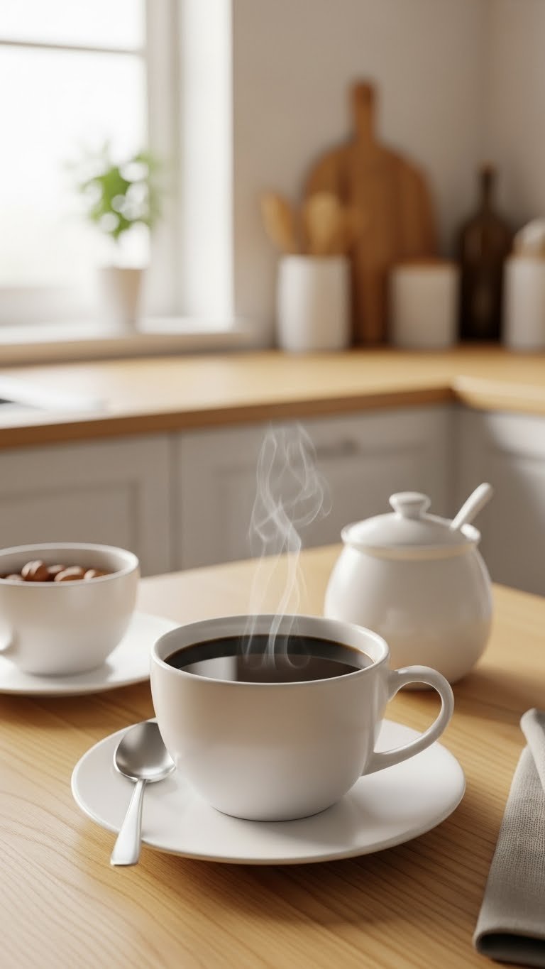 Steaming black coffee in minimalist ceramic mug on light wood table with sugar bowl and spoon in natural window light