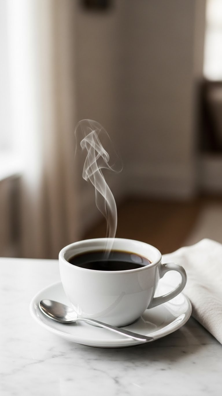 Steaming black coffee in minimalist white ceramic cup on marble countertop with silver spoon and linen napkin