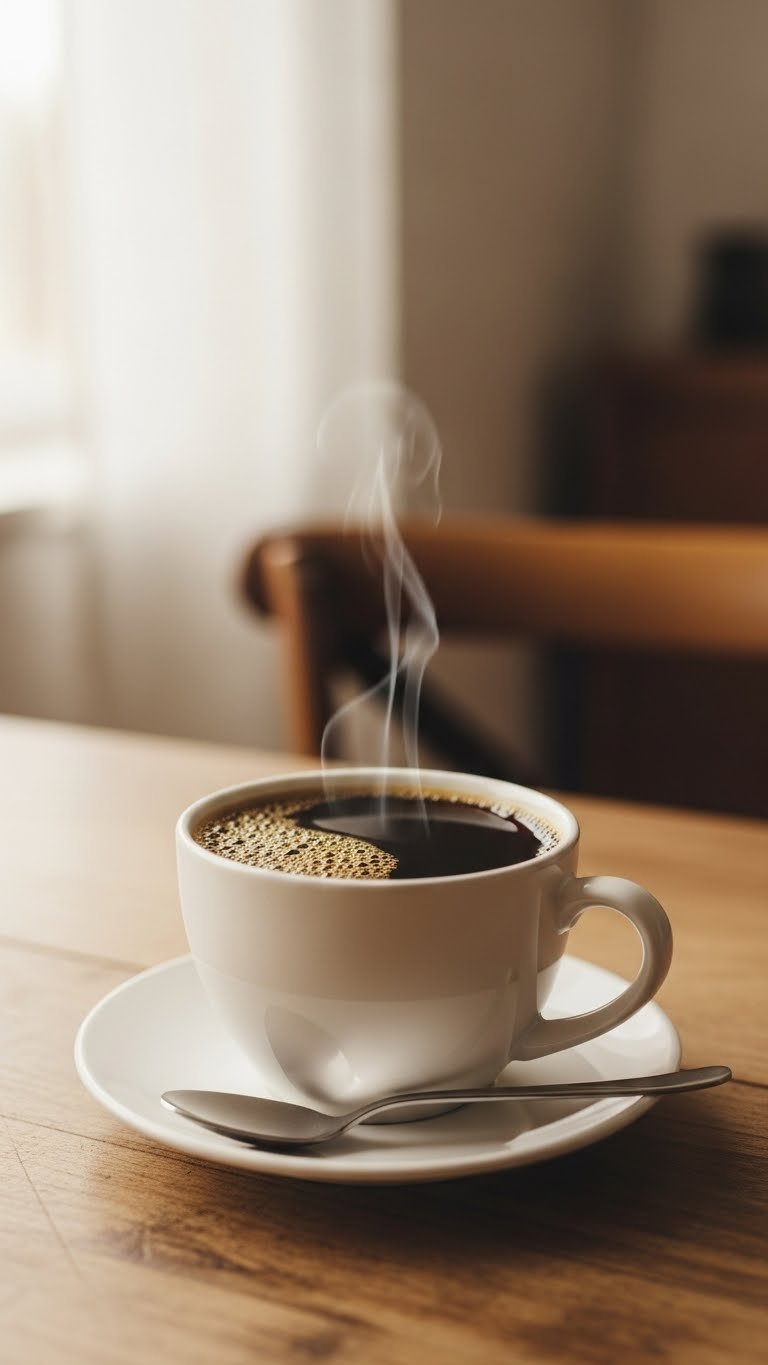 Steaming black coffee mug with crema ring on rustic wooden table against soft bokeh background