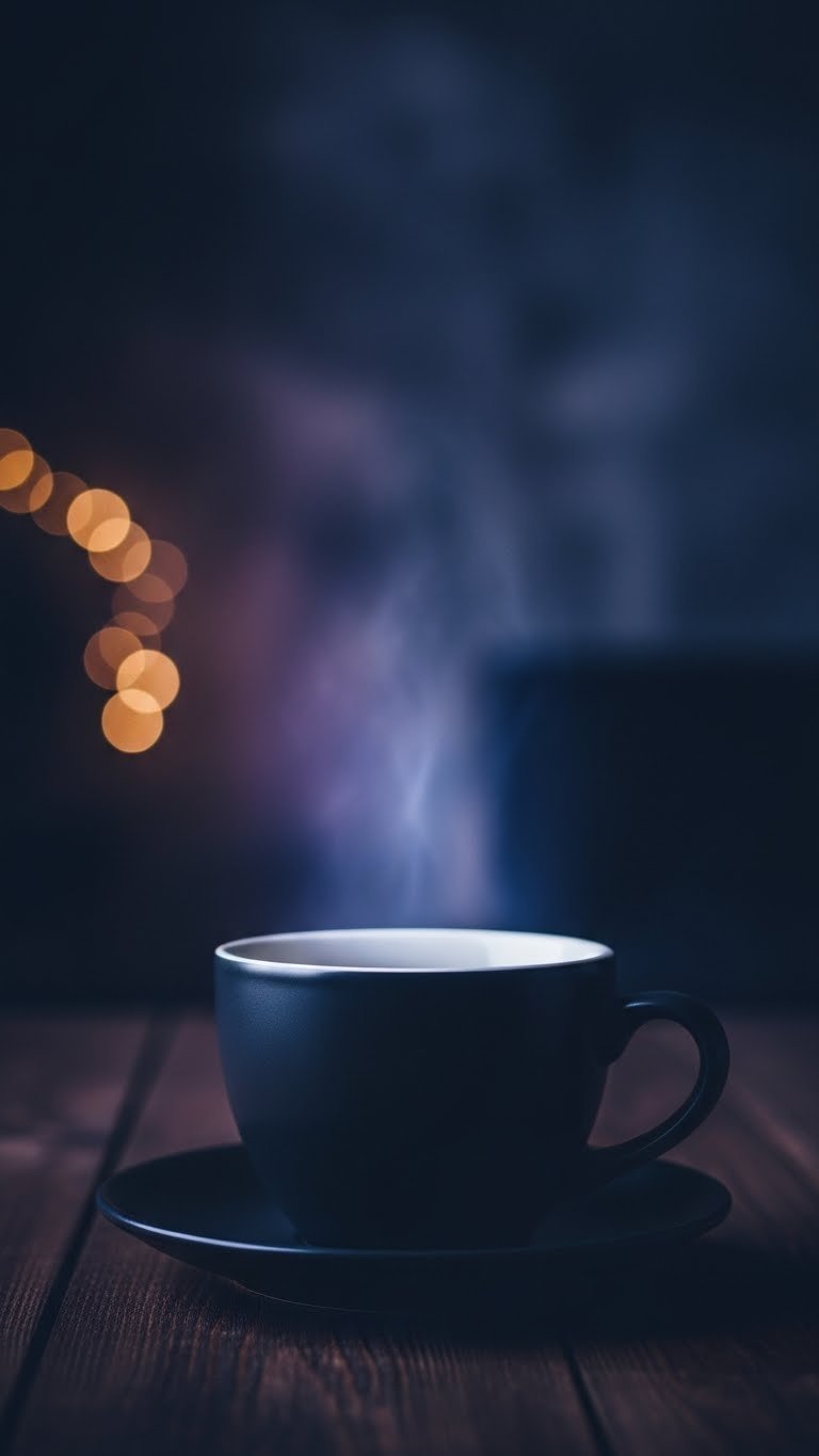 Steaming black coffee mug with ethereal backlight glow against dark atmospheric background