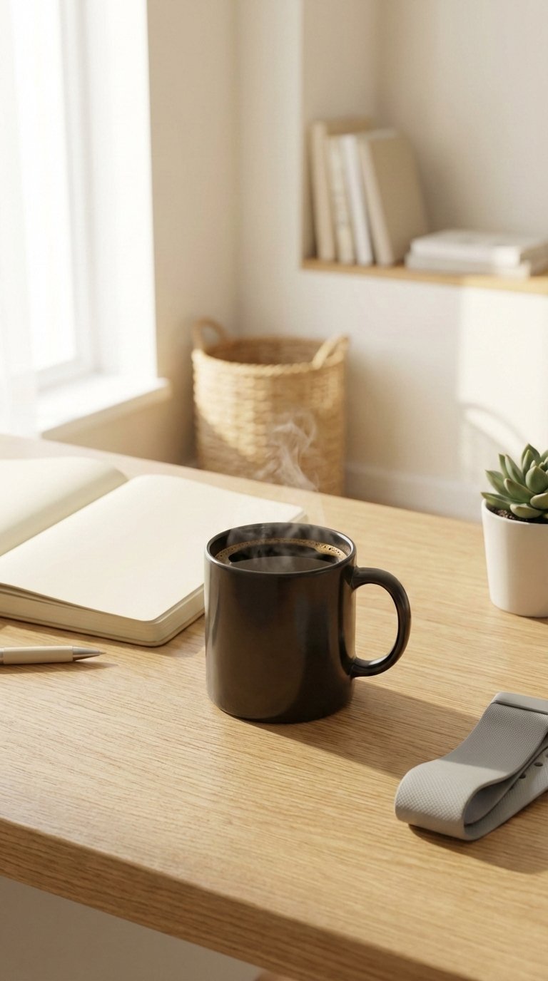 Black Coffee Benefits: Unlock 7 Essential Health Advantages 1 Steaming black coffee on minimalist desk with journal and workout gear in morning productivity setting