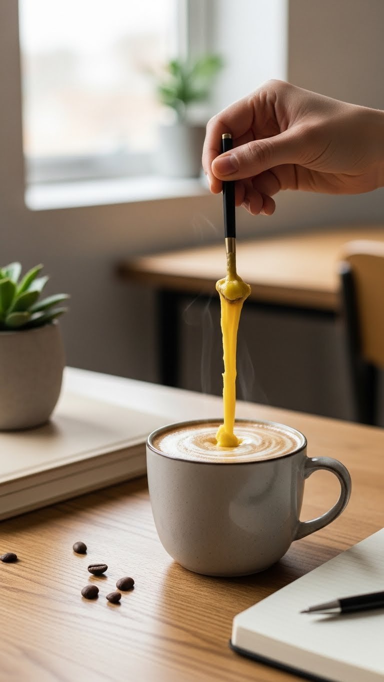 Steaming black coffee with golden ghee swirl stirred in mug on rustic wooden desk with journal and succulent plant