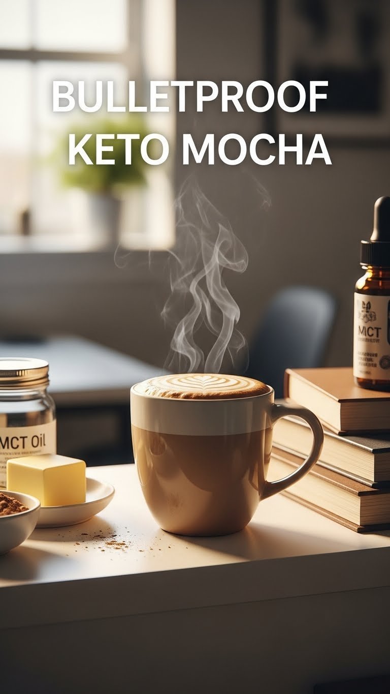 Steaming bulletproof keto mocha in ceramic mug with emulsified layer on light shelf in office setting.