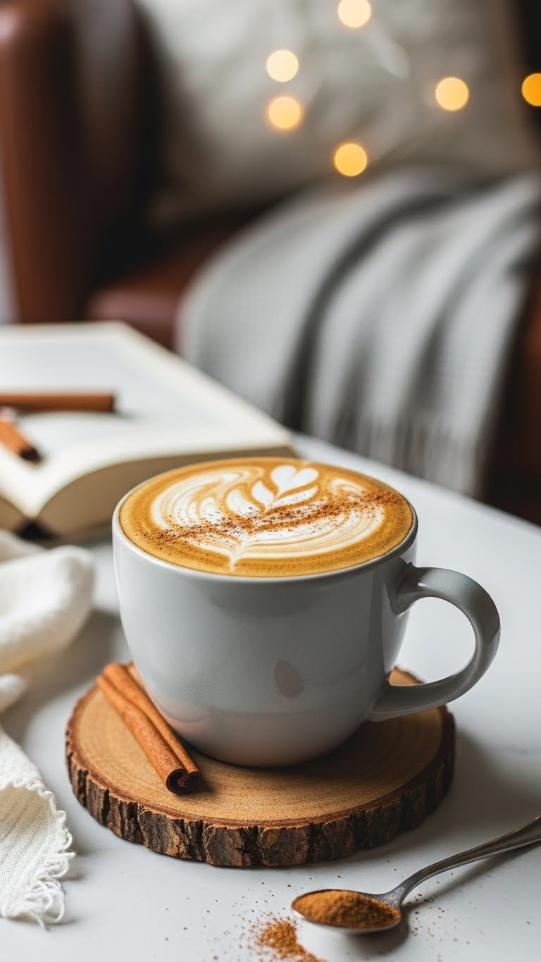 Steaming cinnamon dolce latte in ceramic mug with cinnamon sugar dusting and latte art pattern