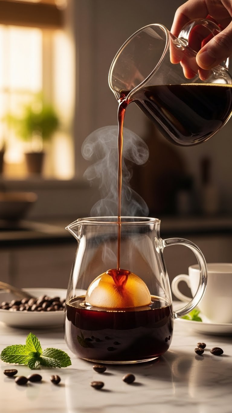 Steaming coffee concentrate dripping over clear ice sphere in glass carafe with golden hour lighting and coffee beans