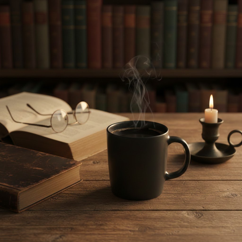 Steaming coffee cup with leather journal, spectacles, and flickering candle on vintage wooden desk