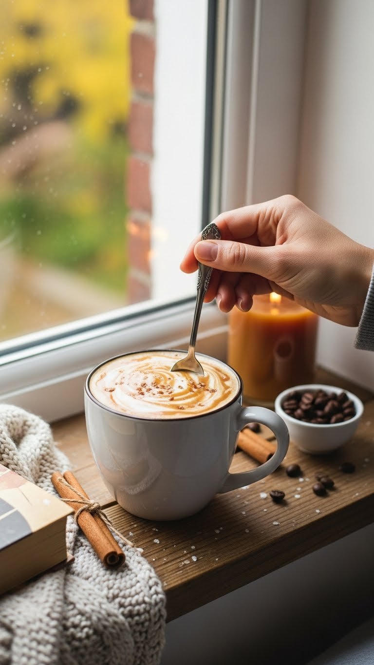 Steaming coffee mug with keto salted caramel creamer swirl and flaky sea salt on window sill