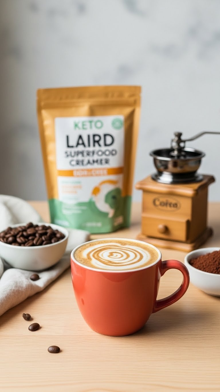Steaming cup of coffee with Laird Superfood creamer stirred in, showing frothy texture on light wooden table