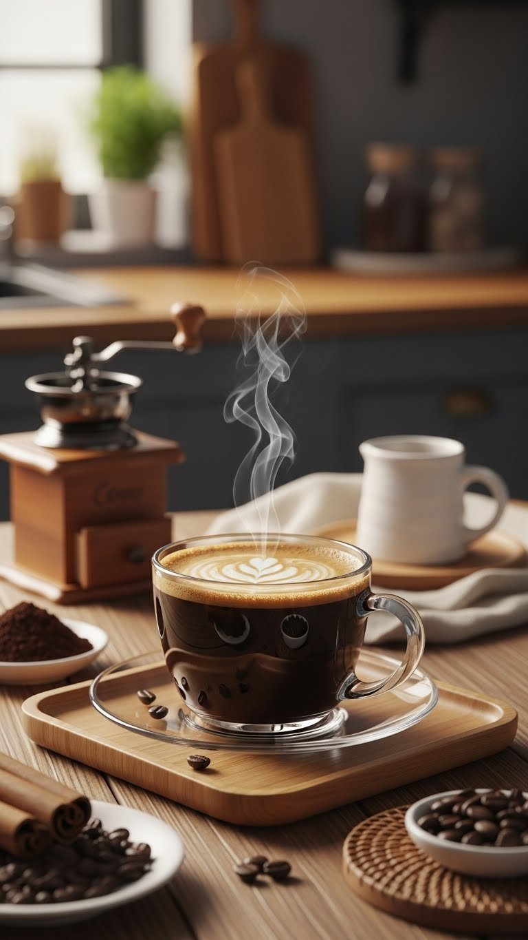 Steaming cup of freshly brewed dark roast coffee with rich crema on rustic wooden tray in warm golden light