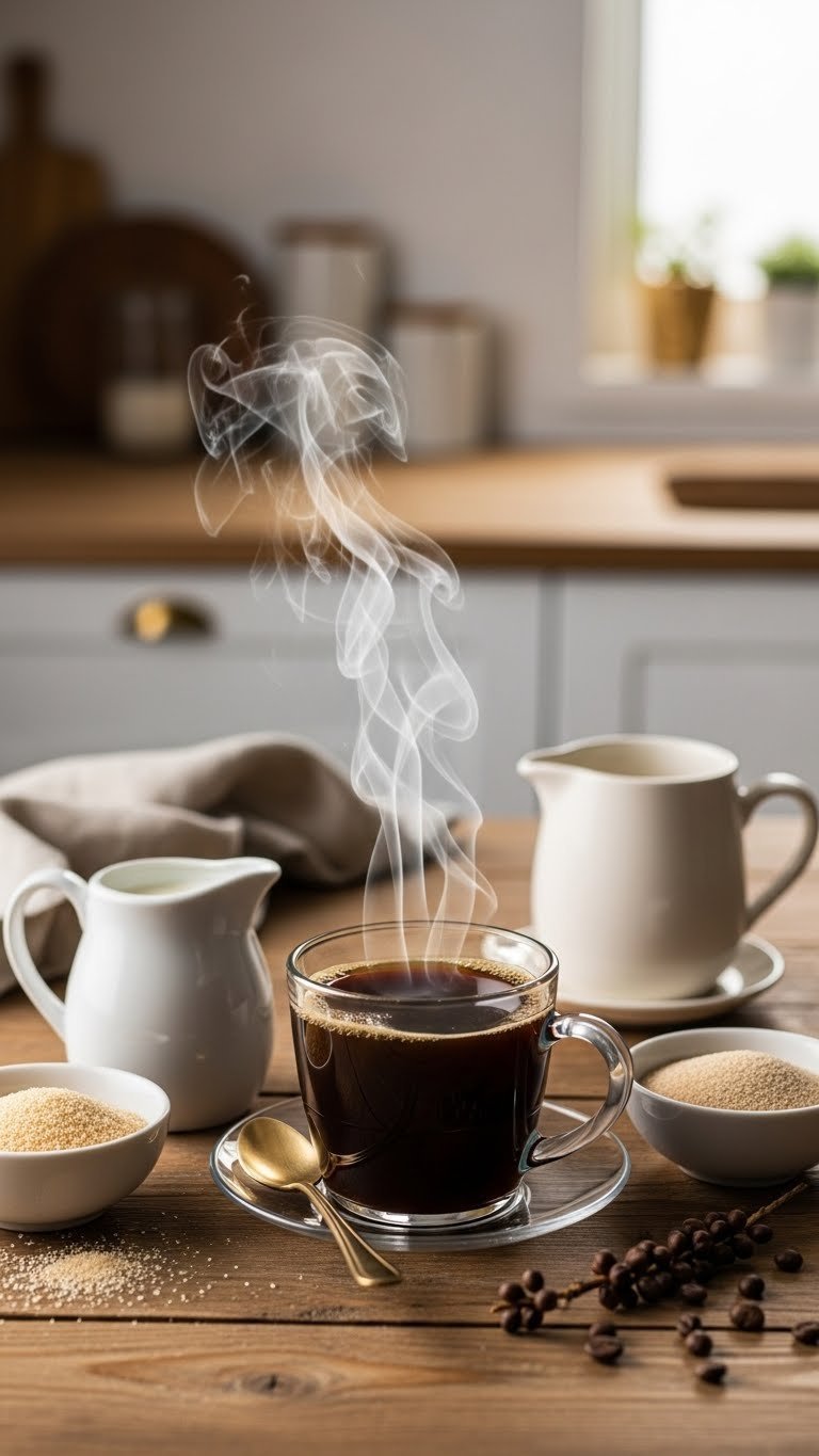 Steaming fresh coffee with heavy cream and keto sweetener in elegant containers on rustic wooden table