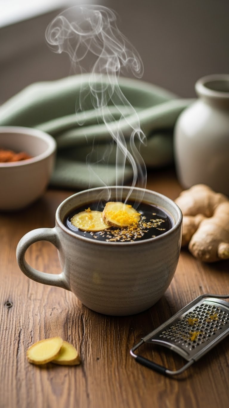 Steaming ginger black coffee with fresh ginger slices floating on surface