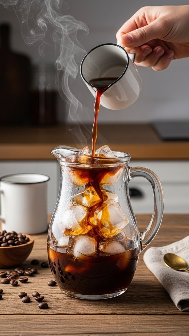Steaming hot coffee being poured over clear ice cubes in a glass pitcher creating swirling effects on rustic wooden table
