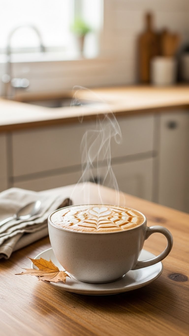 Rich Maple Syrup Coffee: 7 Recipes for Cafe Taste 1 Steaming hot maple latte in ceramic mug with frothy milk and amber maple syrup drizzle on rustic wooden table