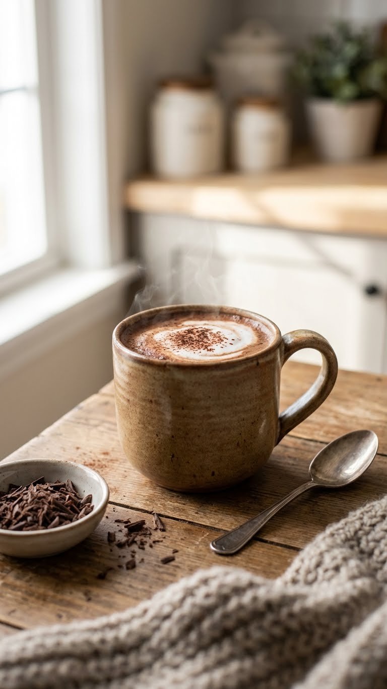 Complete High Protein Coffee Recipes For Busy Mornings 3 Steaming hot mocha protein boost in a ceramic mug with frothed milk and cocoa, on a rustic table, with chocolate shavings.