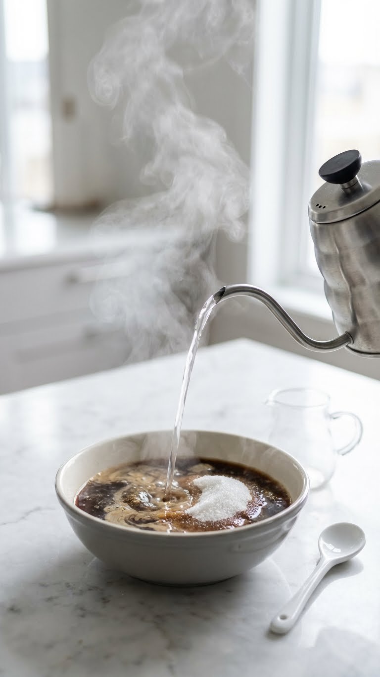 Ground Coffee Whipped: 9 Essential Tips for Dalgona Foam 7 Steaming hot water pours into a mixing bowl with coffee concentrate and sugar on a marble counter, steam rising.