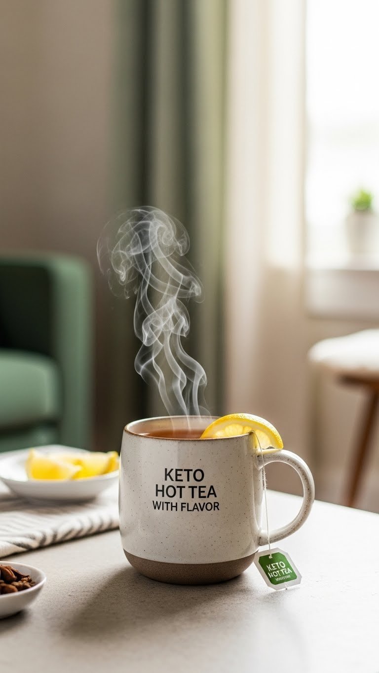 Steaming keto hot tea in ceramic mug with lemon slice on light stone surface in cozy living room setting.