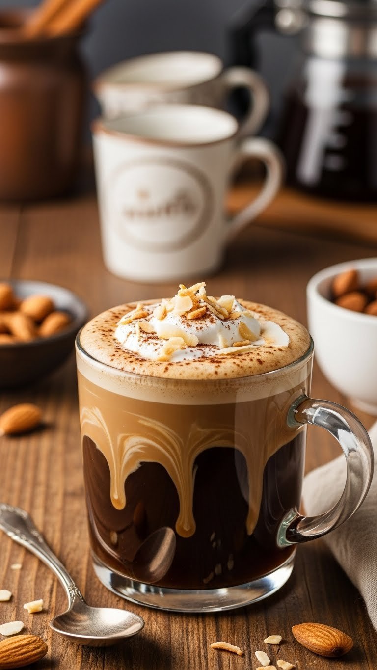 Steaming mug of classic keto almond joy coffee topped with whipped cream, cocoa powder, and coconut flakes