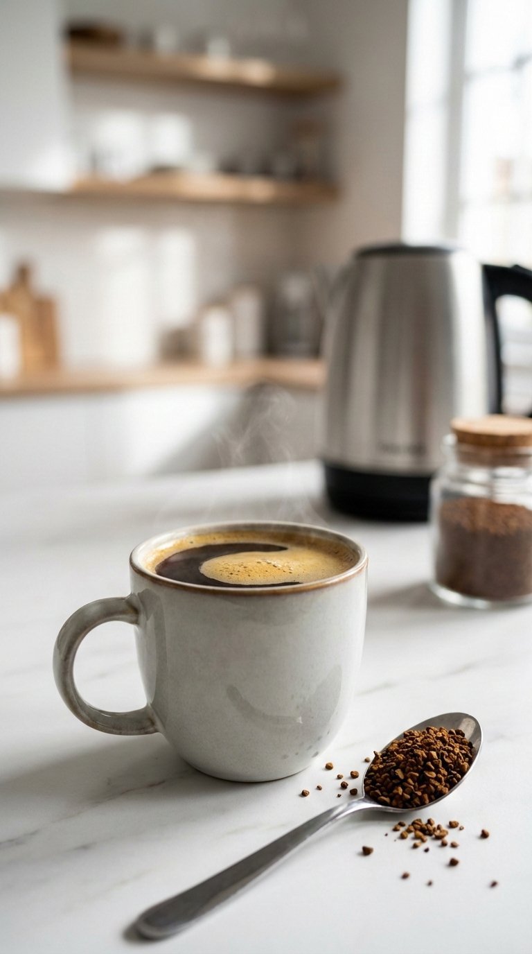 Steaming mug of instant black coffee with crema and unmixed granules on marble countertop in cozy kitchen setting