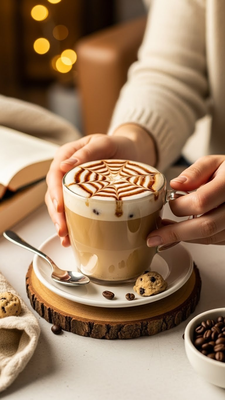 Steaming mug of latte artfully drizzled with cookie dough coffee syrup held in hands against cozy backdrop