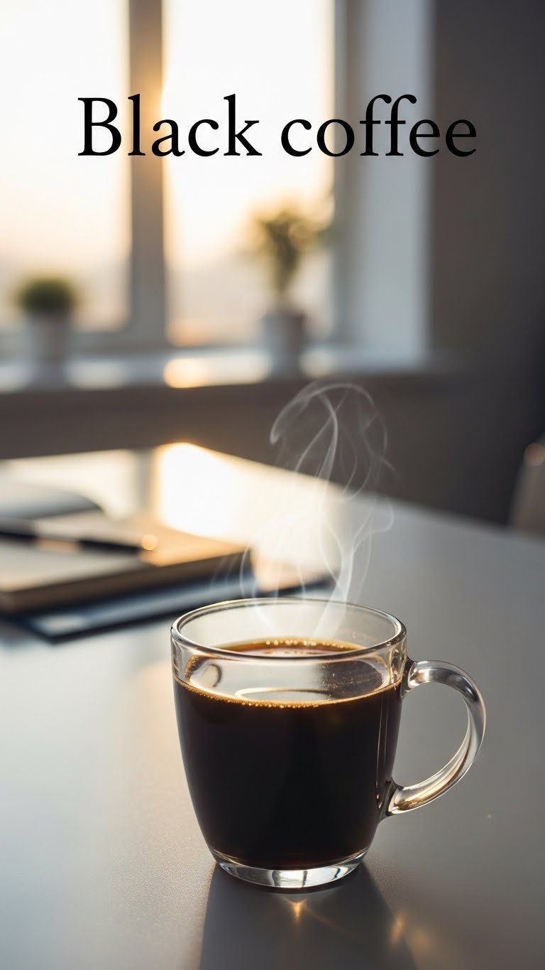 Steaming mug of rich black coffee on minimalist desk with soft morning light and notebook in background