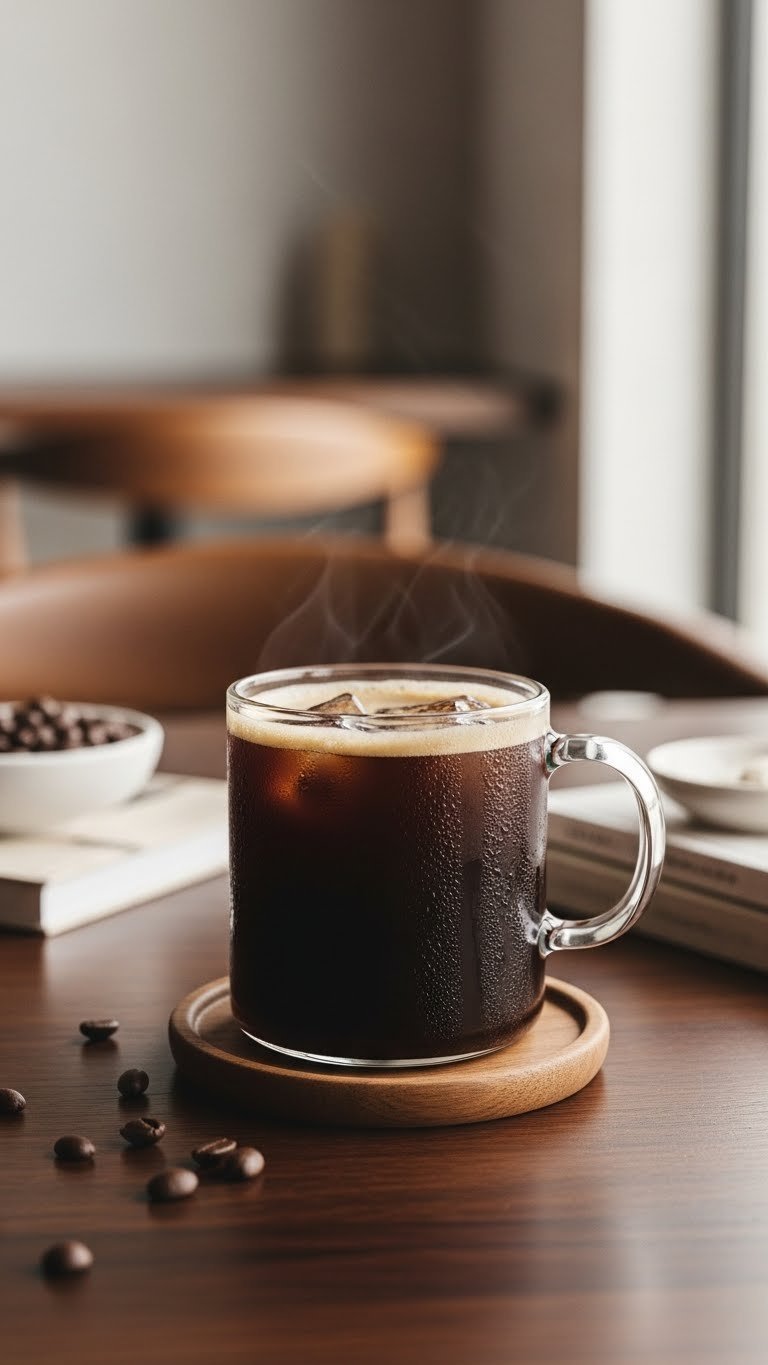 Steaming mug of rich black keto coffee on dark wood coaster with condensation droplets and scattered coffee beans in soft natural light