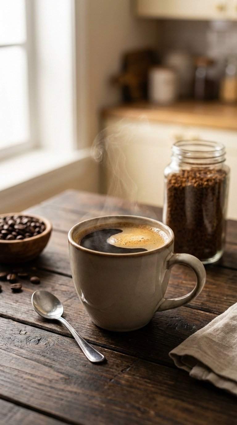 Steaming mug of rich instant black coffee with delicate crema, spoon beside it, and jar of premium coffee powder on rustic wooden table