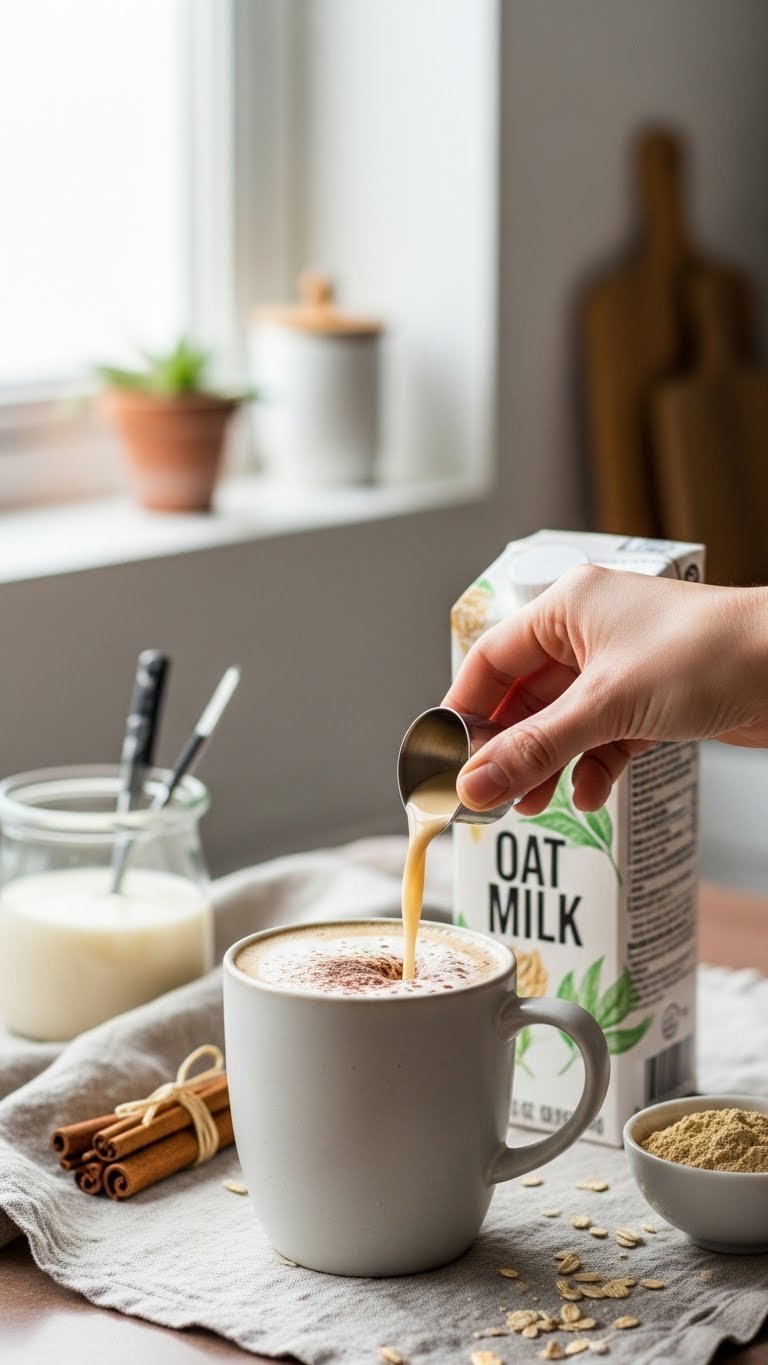 Hot Protein Coffee: Ultimate Guide to Smooth & Creamy Proffee 9 Steaming plant-based protein coffee with oat milk, foam, cocoa dusting, next to oat milk carton, cinnamon sticks, protein powder.