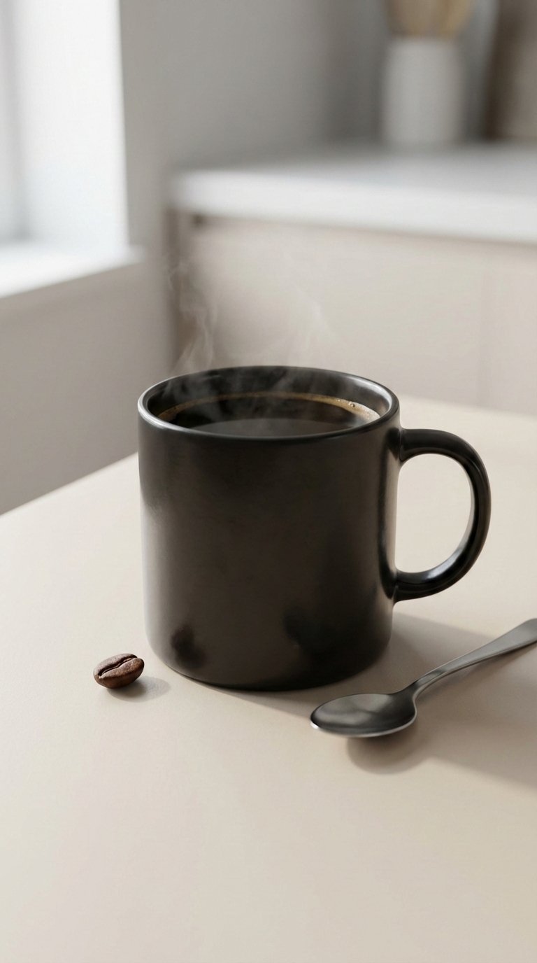 Steaming pure black coffee cup on minimalist background for gym preparation