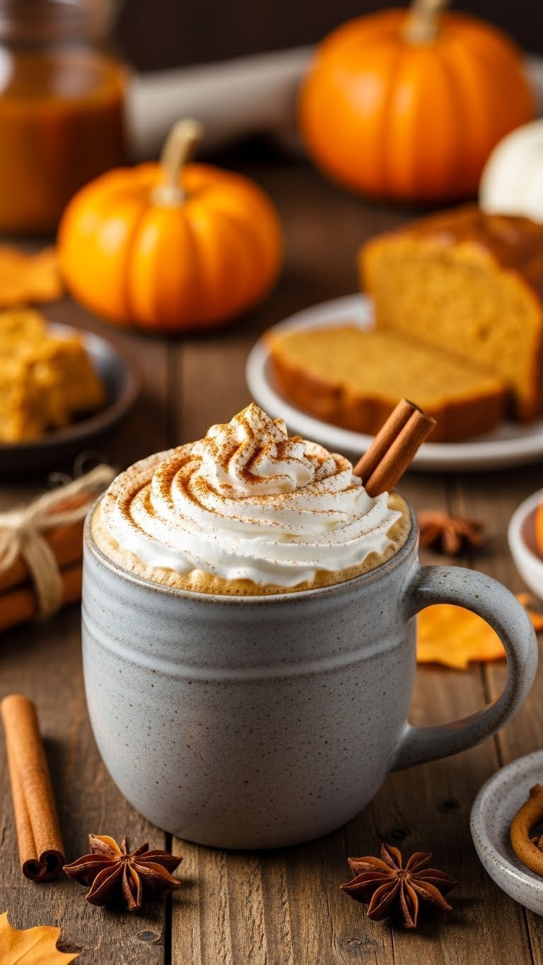 Steaming spiced pumpkin keto coffee with whipped cream and pumpkin pie spice in ceramic mug