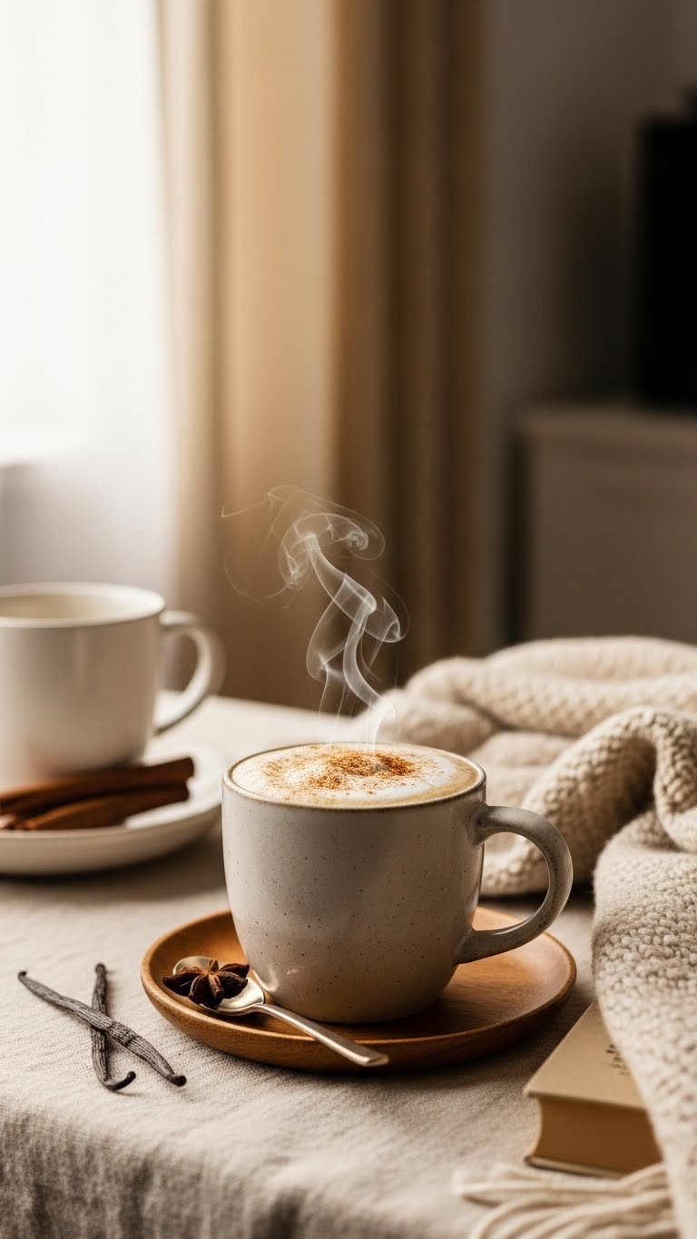 Steaming vanilla keto coffee in ceramic mug with cinnamon sprinkle on wooden saucer with cozy blanket background