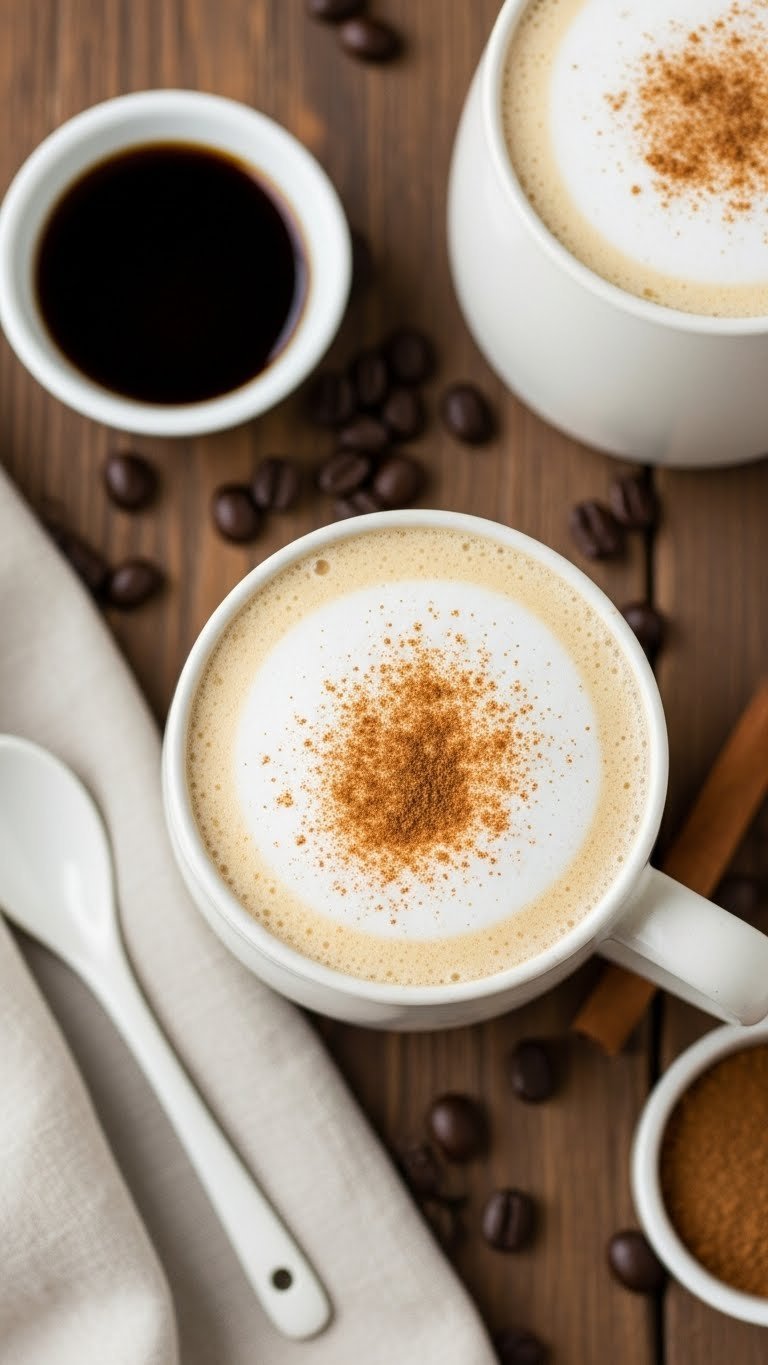 Hot Protein Coffee: Ultimate Guide to Smooth & Creamy Proffee 7 Steaming vanilla proffee latte with frothed milk and cinnamon dusting on rustic wooden table with vanilla syrup and spoon.