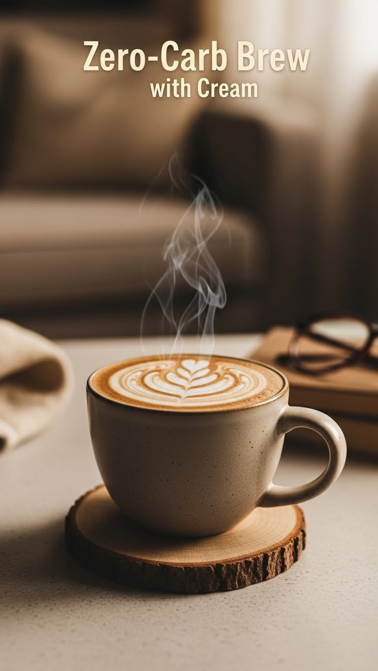 Steaming zero-carb hot coffee with cream in ceramic mug on rustic coaster with cozy golden hour lighting.