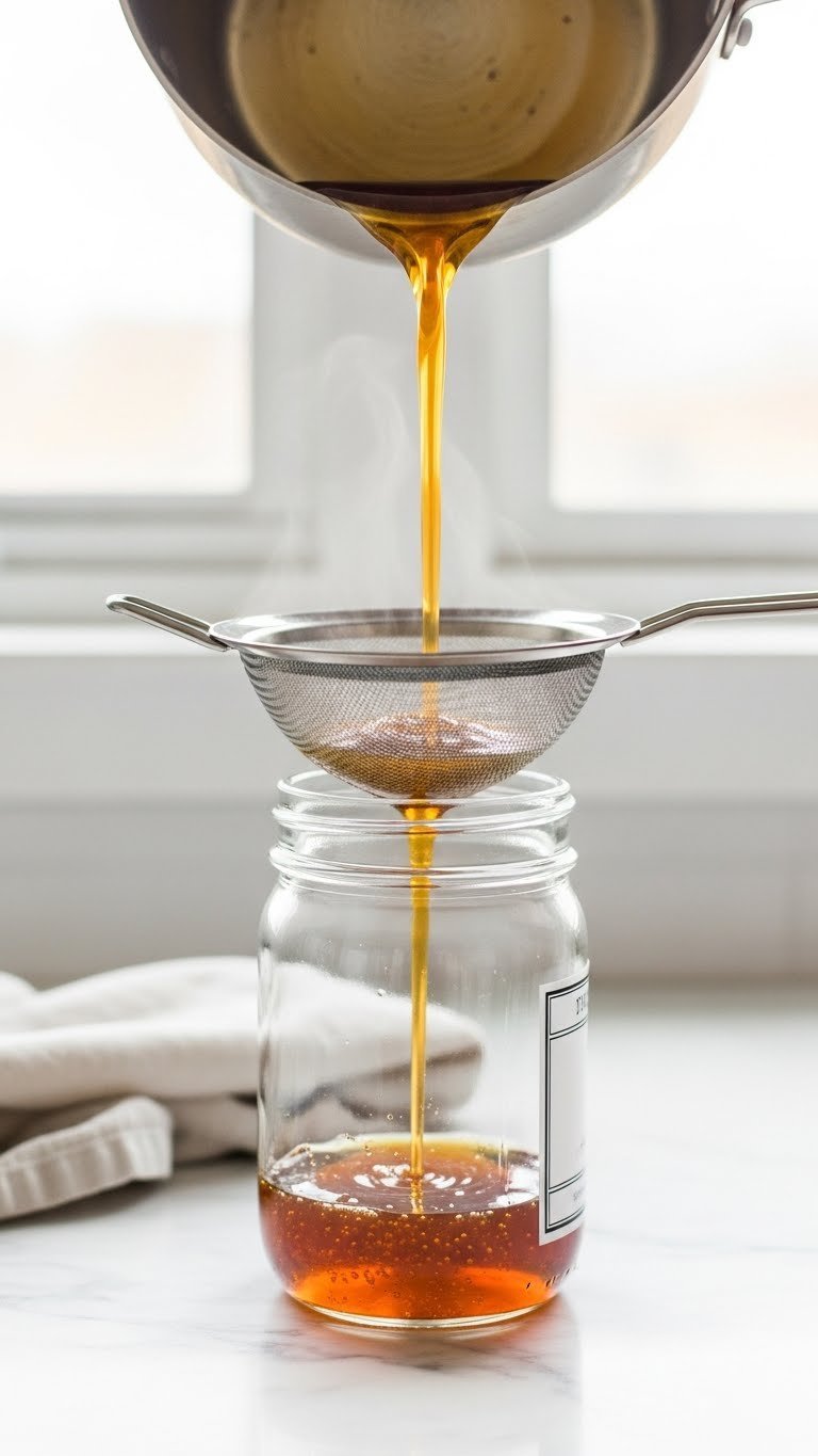 Straining amber toasted marshmallow syrup through fine mesh sieve into clear glass jar