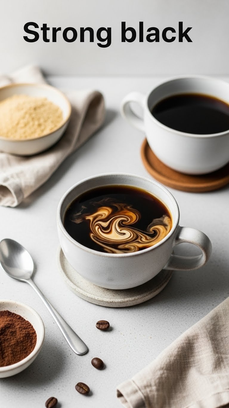 Strong black protein coffee with subtle vanilla swirl, spoon, coffee beans, and coaster on a sleek grey stone surface.