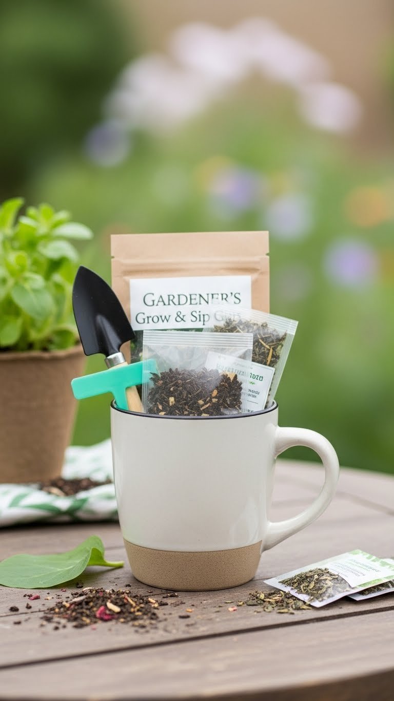 Sturdy ceramic mug filled with flower seeds, gardening tool, plant marker, and herbal tea on rustic wooden table