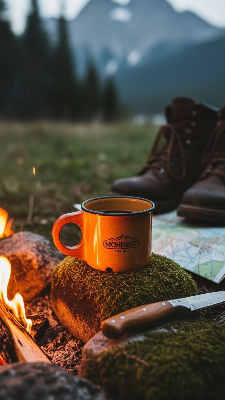 Sturdy handcrafted wooden camping mug with chipped edge placed on mossy log next to crackling campfire in forest.