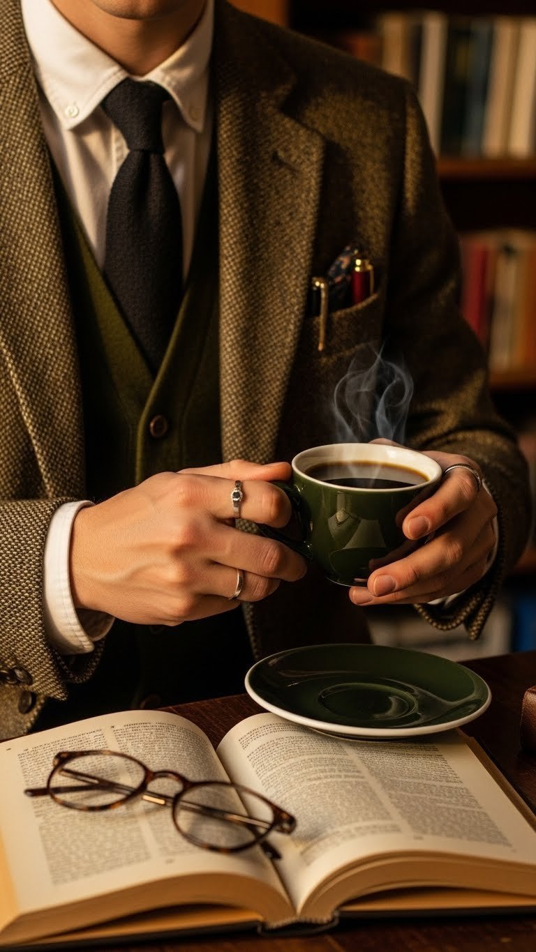 Stylish Dark Academia outfit close-up featuring tweed blazer, white shirt, and person holding steaming black coffee