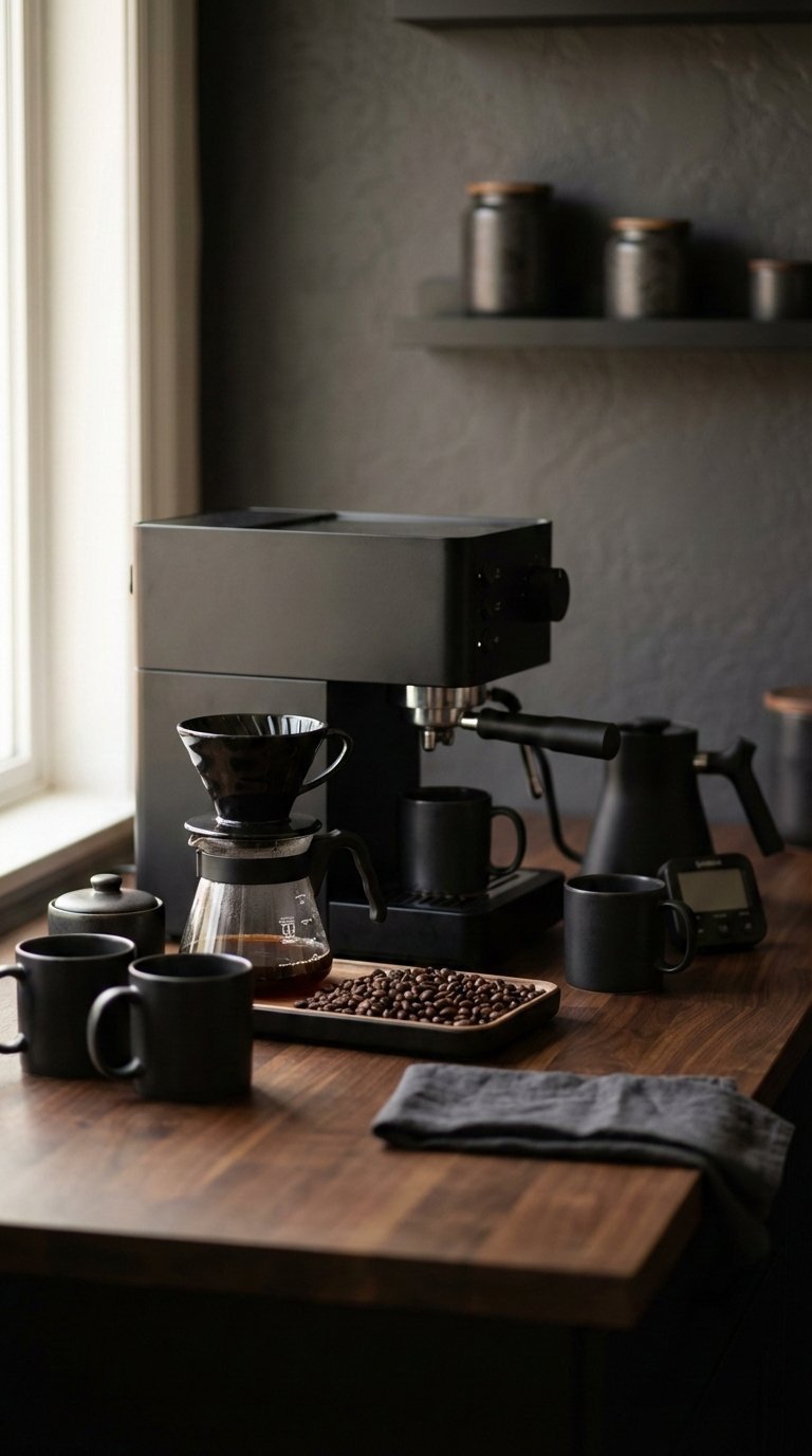 Stylish black coffee brew station with espresso machine, dark mugs, coffee beans, and wooden countertop.