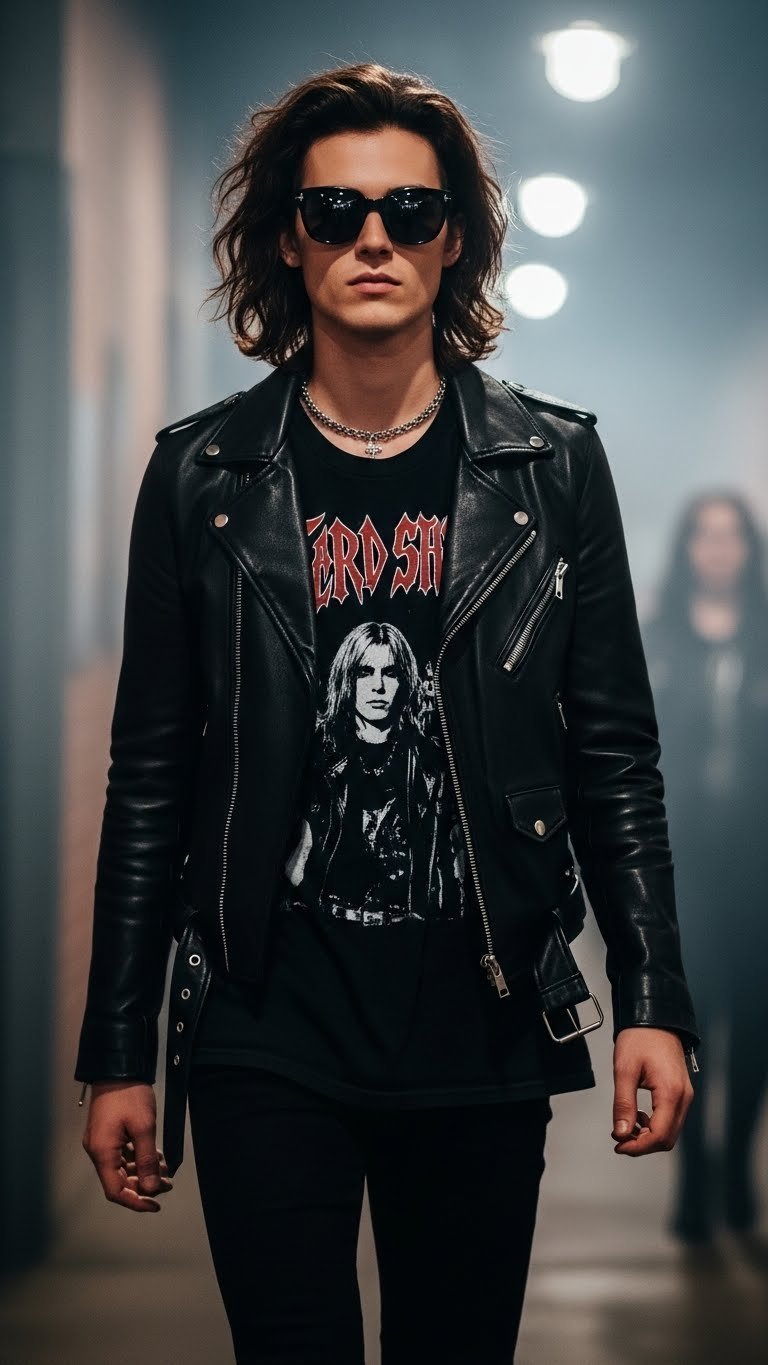 Stylish black leather jacket and band t-shirt concert outfit with silver jewelry in industrial venue setting
