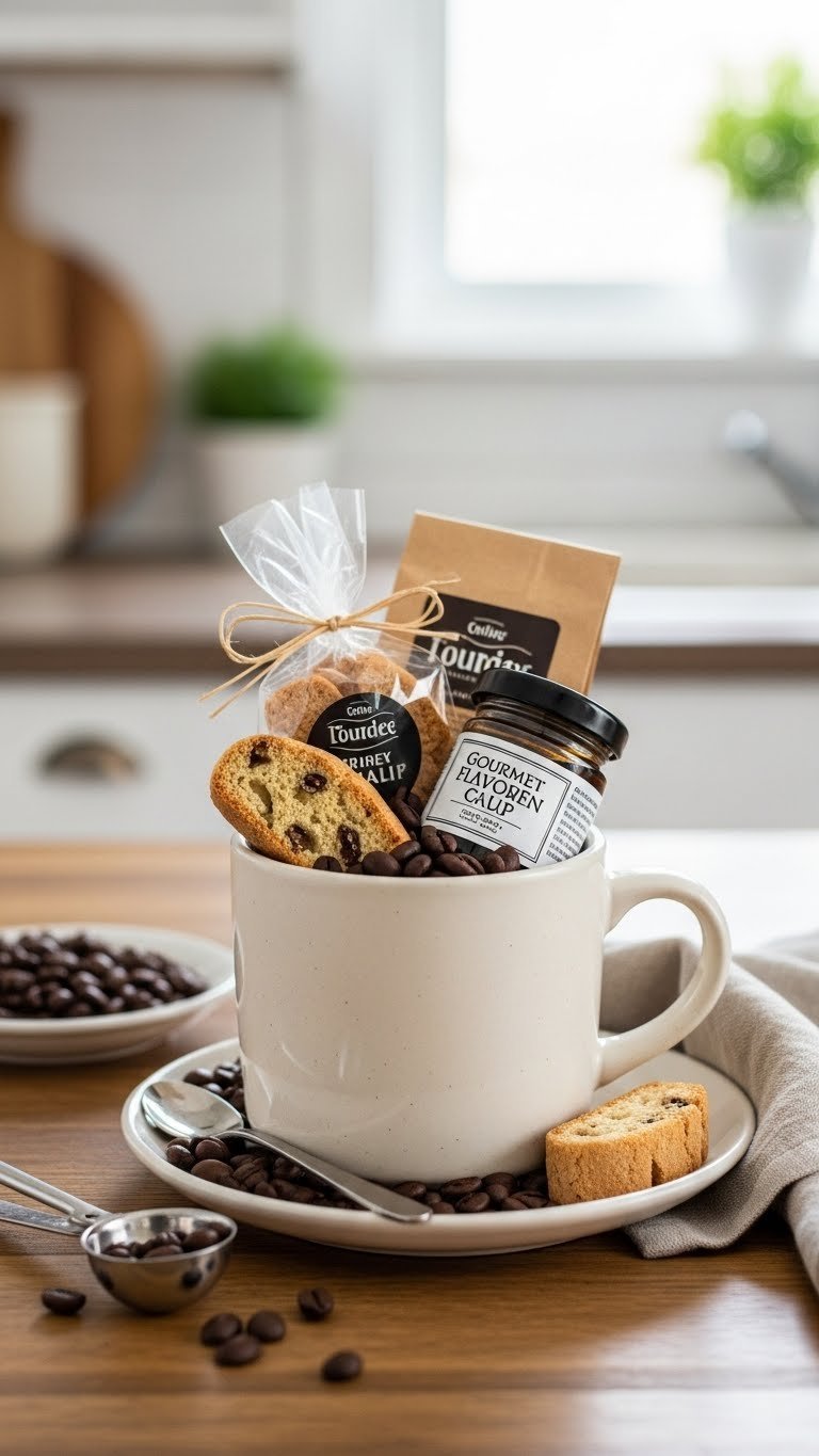 Stylish ceramic mug overflowing with gourmet coffee beans, artisan biscotti, and flavored syrup on rustic wooden table with soft natural lighting