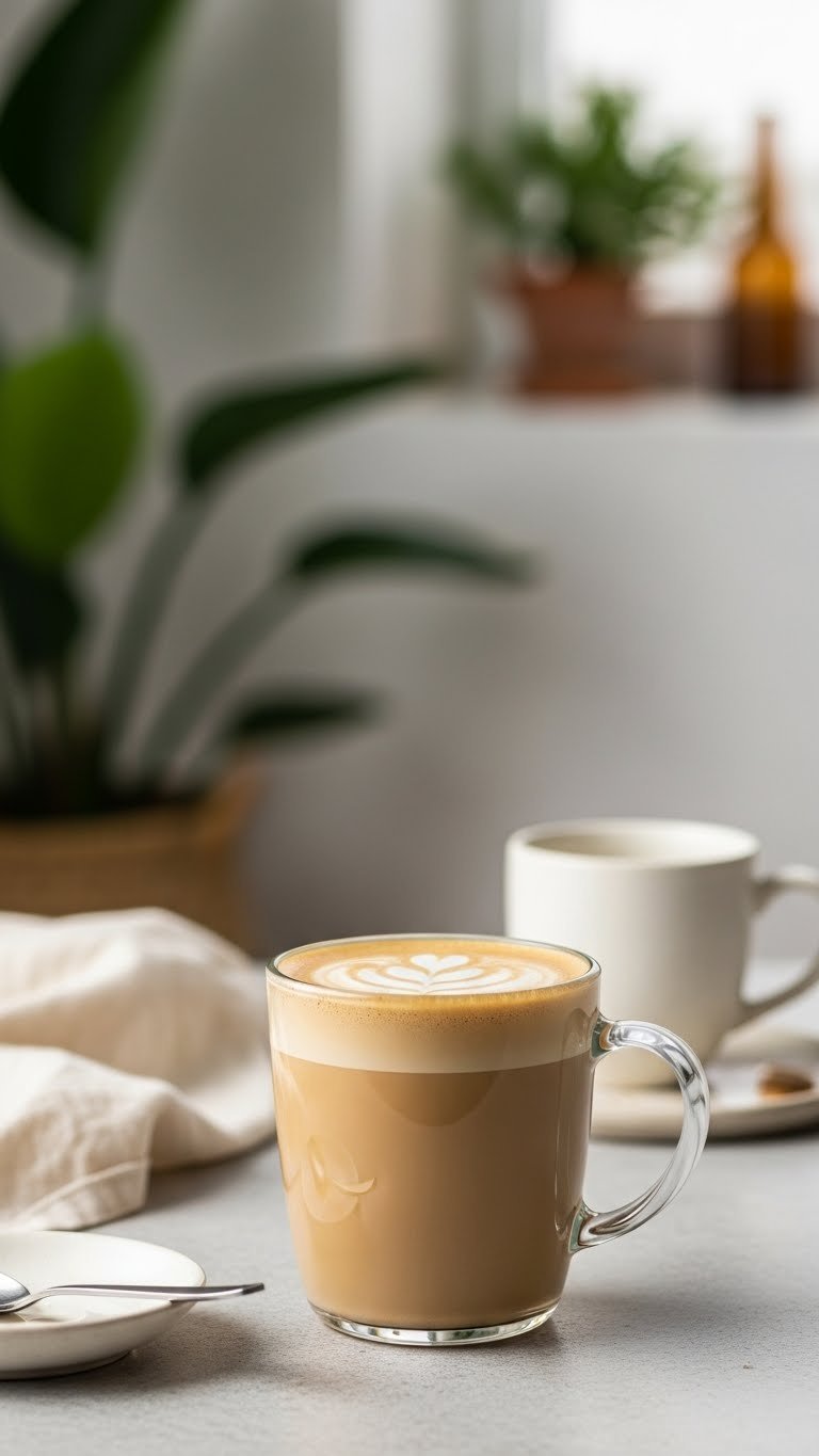 Stylish clear glass mug of dairy-free vanilla protein coffee with plant-based foam on a light stone surface.