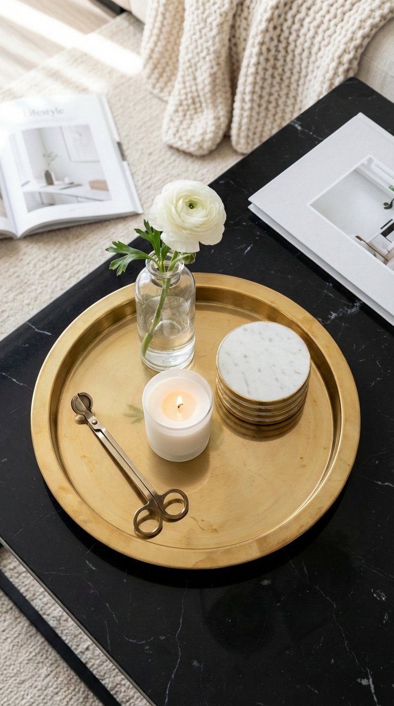 Stylish gold decorative tray with candle and floral arrangement positioned on polished black coffee table in bright daylight