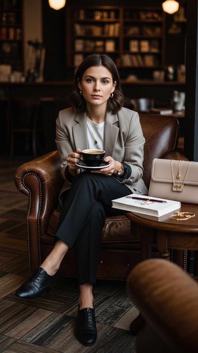 Stylish individual wearing neutral-toned outfit seated in atmospheric coffee shop with black coffee cup and vintage leather armchair