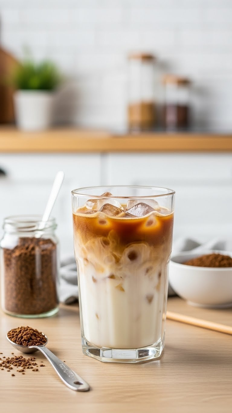 Stylish instant coffee iced latte in clear glass with smooth texture on light wooden table with coffee jar.