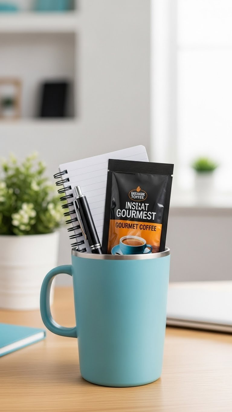 Stylish insulated travel mug containing high-quality pen, notebook, and instant gourmet coffee on minimalist wooden desk