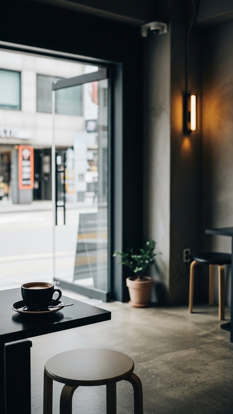 Stylish interior of minimalist Seoul cafe with dark architectural elements and coffee cup on table