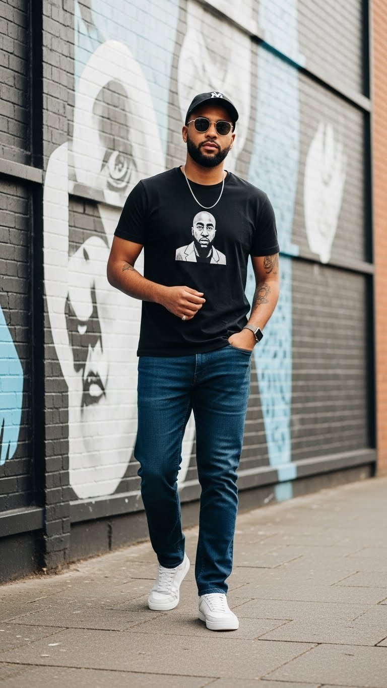 Stylish man in casual cool concert outfit featuring graphic tee, dark wash jeans, and comfortable sneakers against urban street art backdrop.