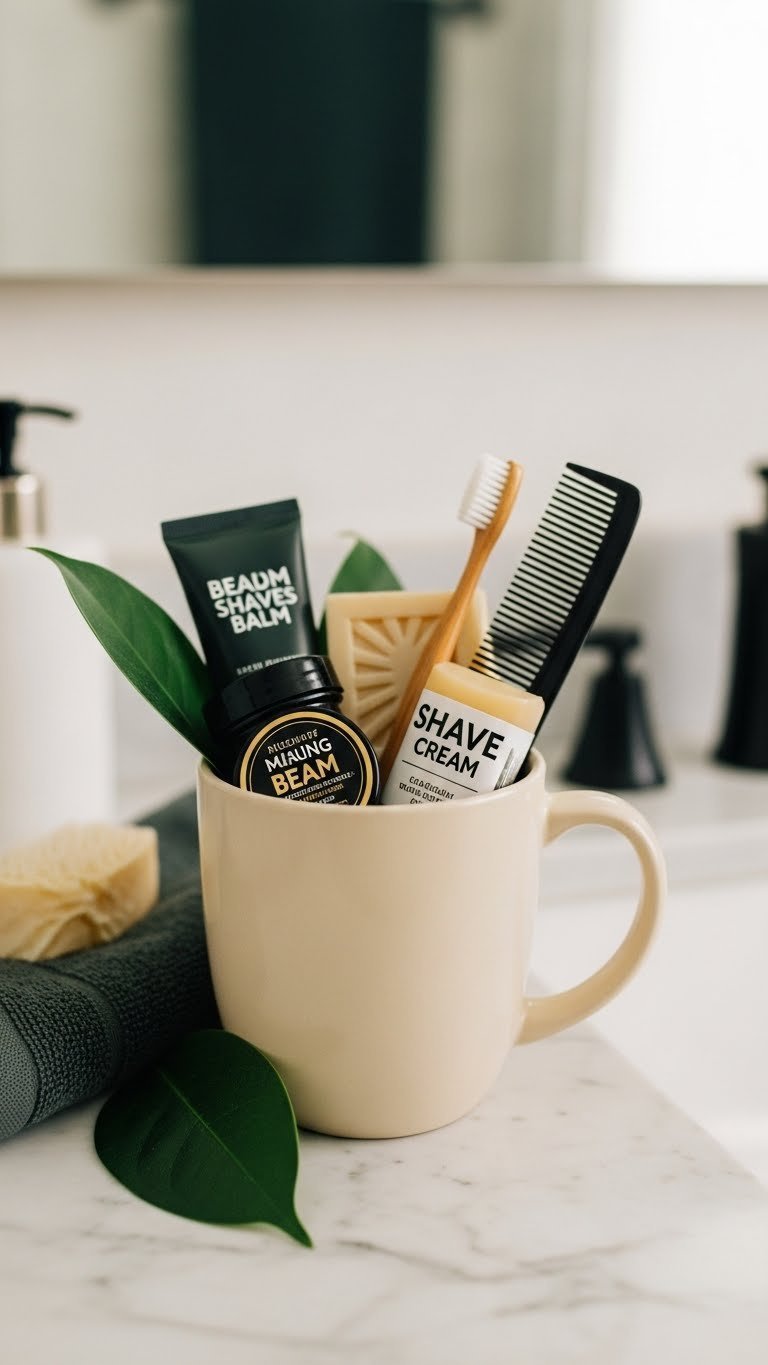 Stylish masculine coffee mug containing beard balm, shave cream, soap, and comb on marble bathroom countertop.