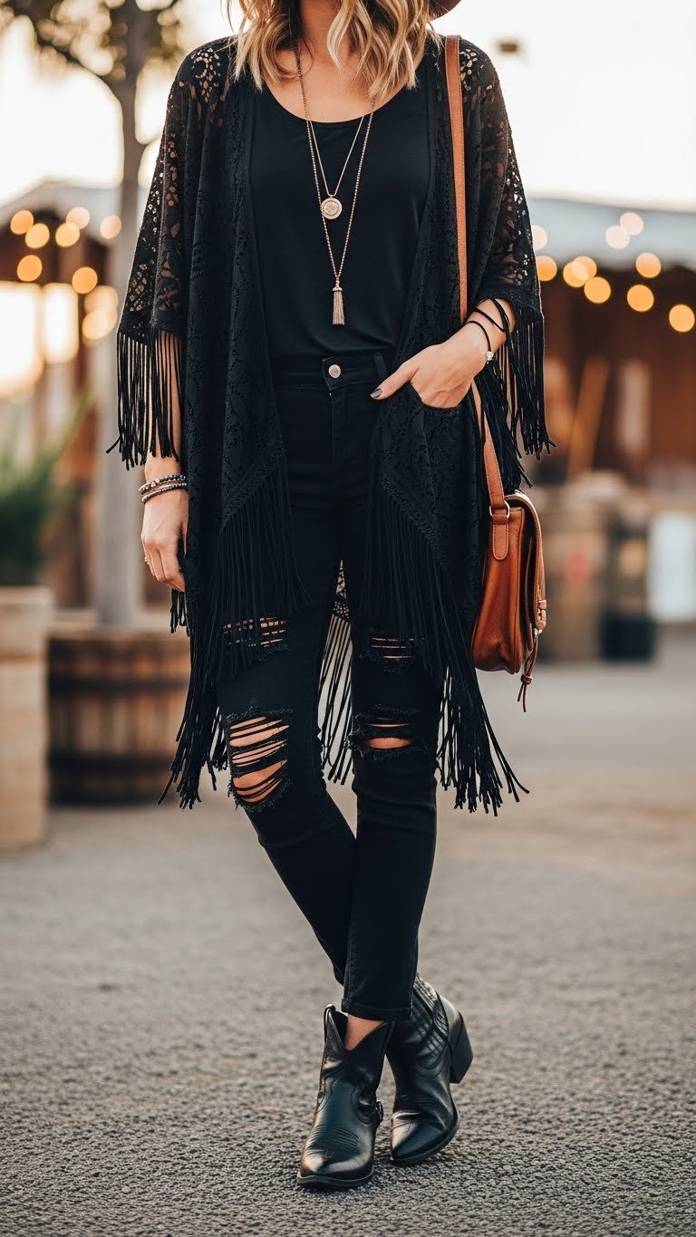 Stylish person in black fringe kimono with distressed jeans and ankle boots at bohemian urban festival