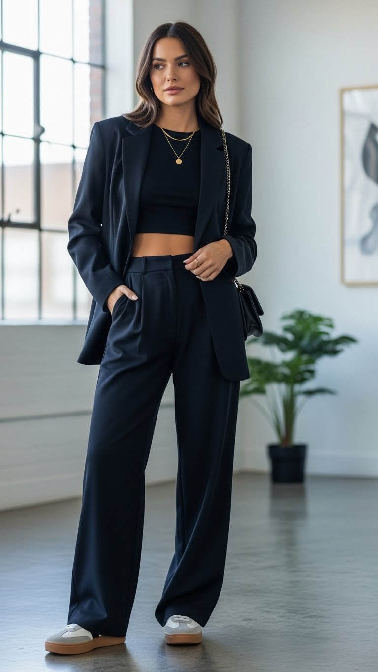Stylish woman wearing oversized blazer, black crop top, wide-leg trousers, and platform sneakers in urban loft interior setting